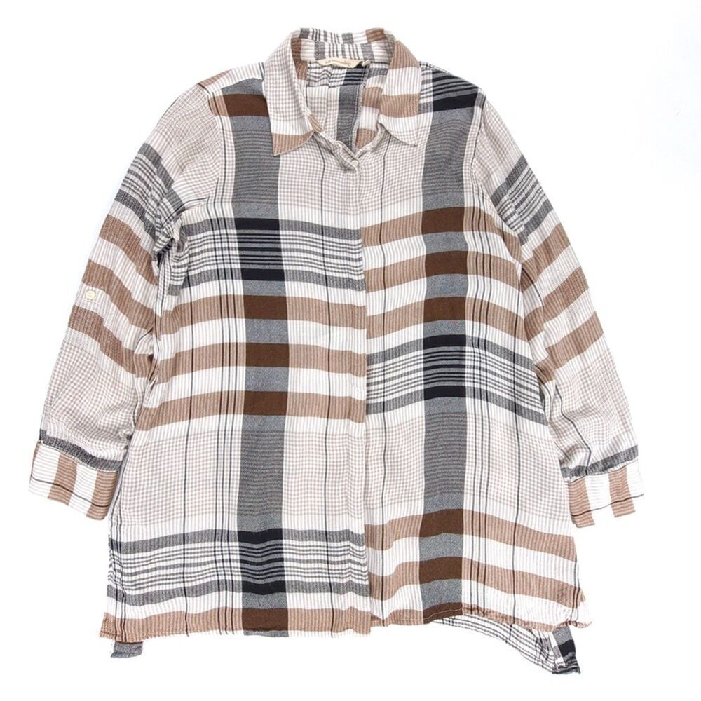 SOFT SURROUNDINGS Long Tunic Oversized Button Down Shirt Medium Boho Tan Plaid
